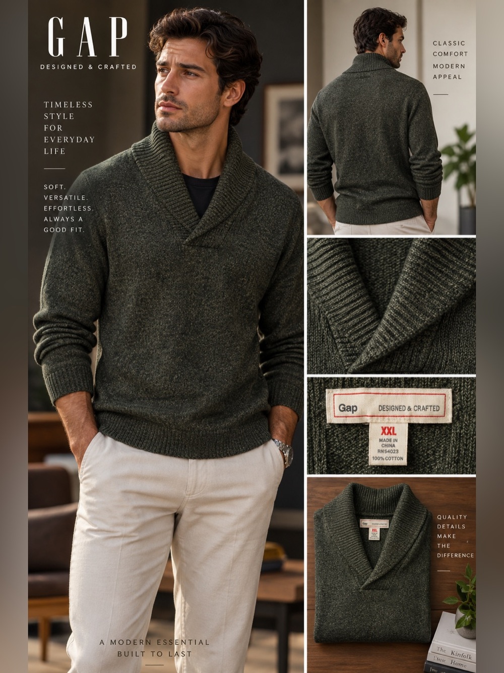 GAP Men's Shawl-Collar Sweater in Olive Heather